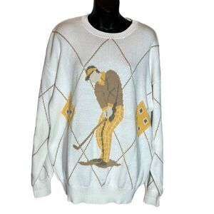 Nautica mens vintage argyle golf novelty knit linen/cotton grandpa sweater lg